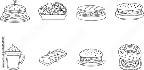 A black and white illustration of various fast food items on a plain background