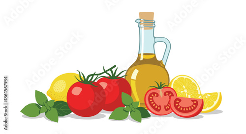 Vibrant food illustration of fresh tomatoes, lemon, basil, and a bottle of olive oil captures the essence of Mediterranean cooking.