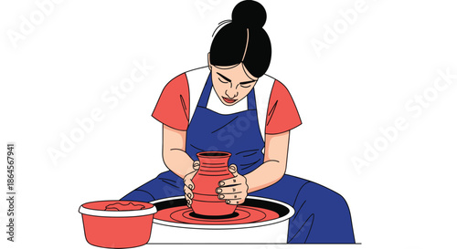 Skilled craftswoman focusing on shaping a clay pot on a rotating pottery wheel in a bright workshop environment illustration.