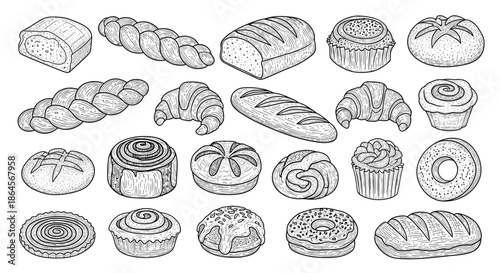 Large set of various bakery products including bread loaves, rolls, croissants, and sweet pastries in detailed sketch style.