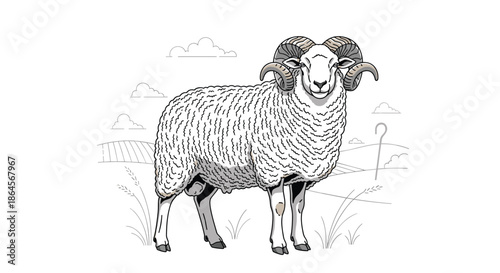 Majestic ram with large curved horns standing in a hilly field environment depicted in a classic black and white sketch.