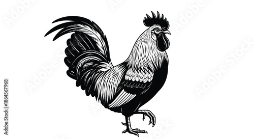 Proud rooster walking forward shown in a detailed black and white engraving style with elaborate tail feathers on white.