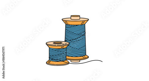 Two spools of sewing thread in different sizes with blue yarn wound around wooden bobbins on a plain white background.