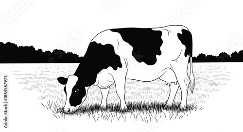 Black and white cow with large spots grazing peacefully in a wide grassy field with a dark tree line on the horizon.