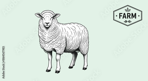 High contrast engraving of a woolly sheep standing alert on a light green background with a circular farm emblem logo.