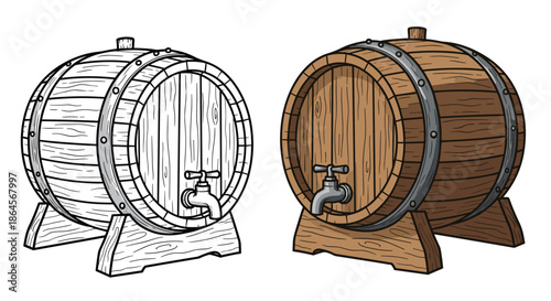 Traditional wooden barrels with metal hoops and a tap for dispensing wine or beer in color and black and white versions.