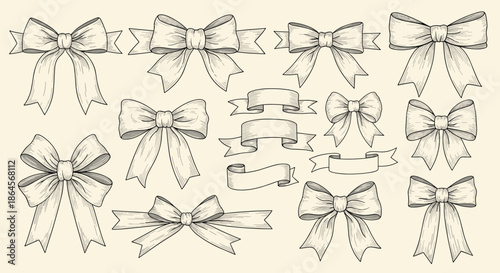 Large collection of various hand drawn ribbons and bows in different styles shown as vintage black and white line art sketches.