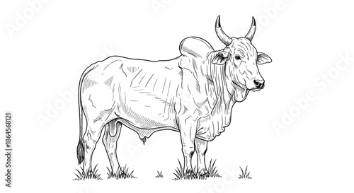 Realistic black and white line drawing of a powerful ox or bull standing still on a patch of grass showing its horns and hump.