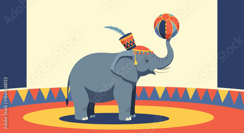 Colorful circus illustration featuring a trained elephant balancing a large striped ball on its trunk inside a festive circus ring.