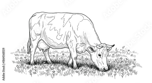 Detailed realistic sketch of a dairy cow grazing in a lush field filled with small wildflowers and thick blades of green grass.