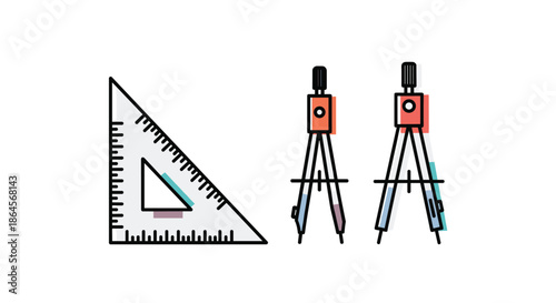 Geometry drawing tools set featuring a set square and two compasses in a modern flat design style with vibrant colorful accents.
