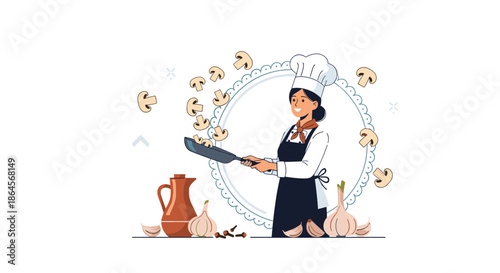 Cheerful female chef in a white uniform and apron tossing sliced mushrooms in a frying pan within an ornate circular frame.