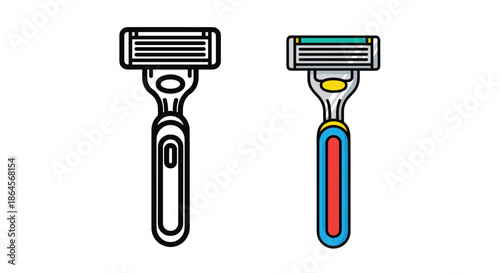 Shaving razor icon set features a black and white line art version alongside a colorful blue and red design for personal grooming.