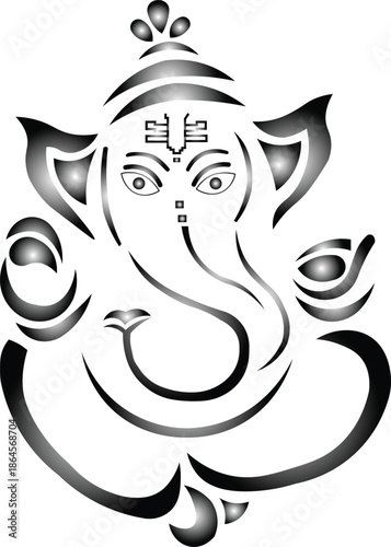 Stylized black and white illustration of Lord Ganesha, a Hindu deity with an elephant head and traditional markings, depicted in a minimalist art style.