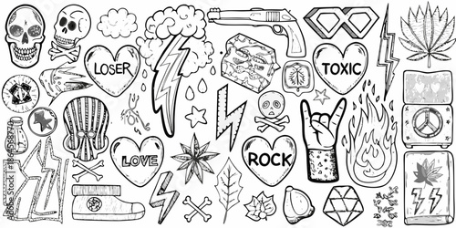 Hand drawn sketches of skulls hearts weapons and rebellious symbols in black and white