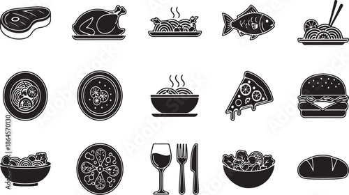 A collection of black and white food icons on a plain background