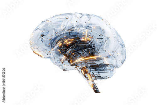 Digital white brain design overlaid isolated on cutout PNG or transparent background. Future Technology.	Computer programming code and structural elements. Has futuristic, tech-inspired appearance.