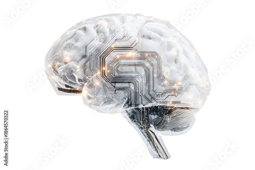 Digital white brain design overlaid isolated on cutout PNG or transparent background. Has futuristic, tech-inspired appearance. Future Technology. Computer programming code and structural elements.