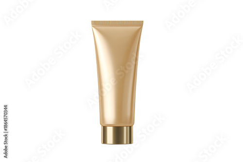 Cream tube plastic tall golden portable isolated on cutout PNG or transparent background. Collapsible squeeze tube cosmetic containers with flip lid gold. Modern bottle packaging products.