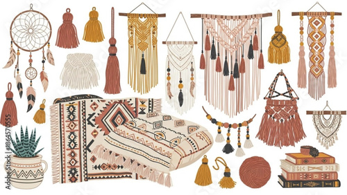 Boho chic wall hangings, dreamcatchers, tassels, macrame, blankets, and home decor on white background for interior design inspiration, eclectic style