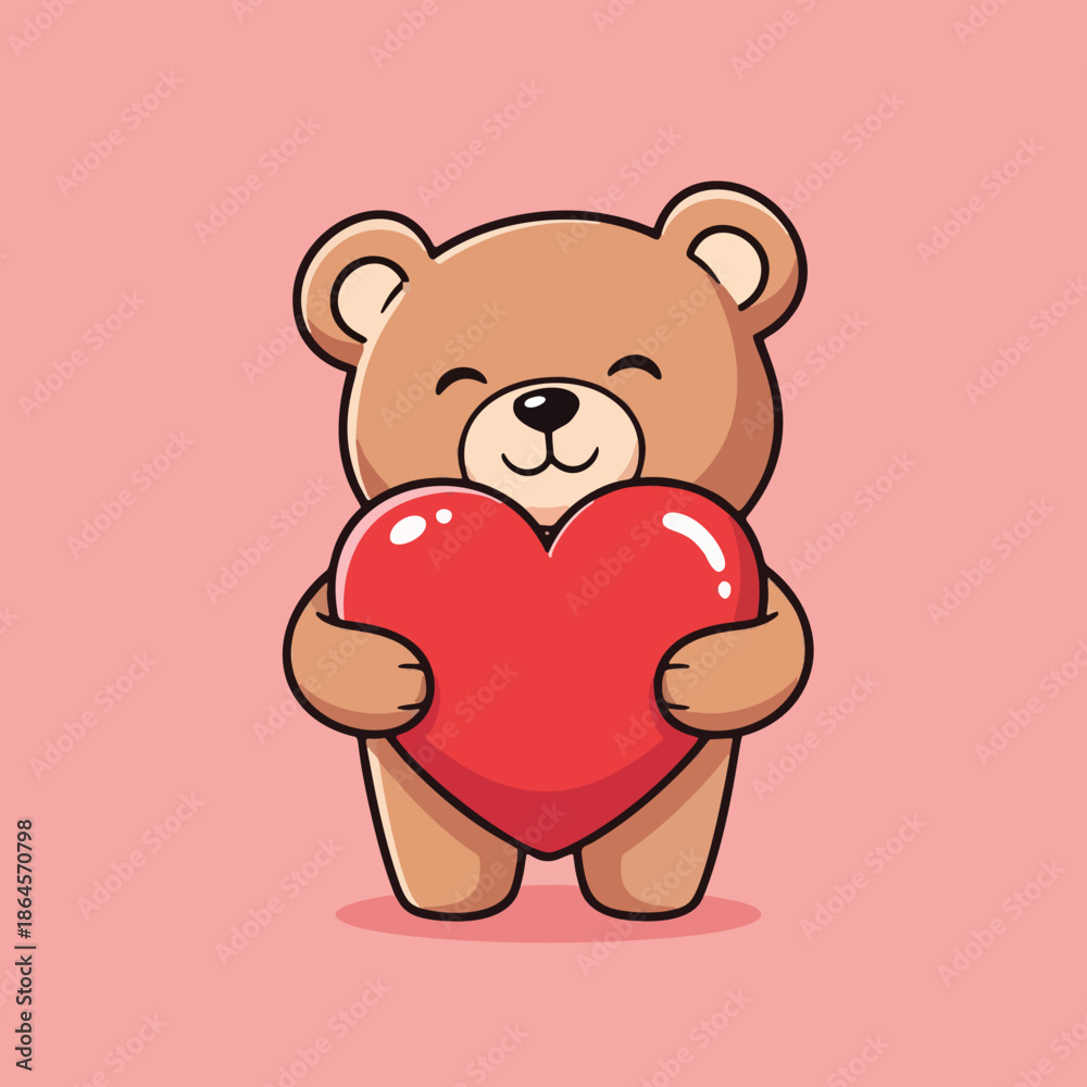 Fototapeta premium Cute teddy bear holding red heart with love and affection