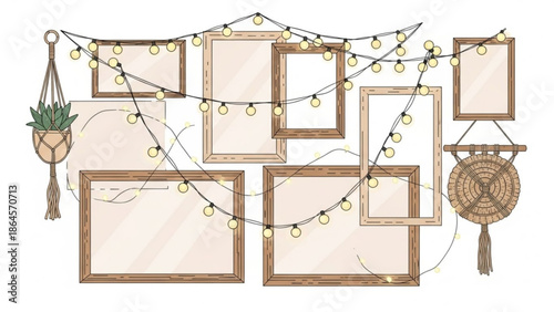 Collection of empty wooden picture frames with string lights and decorative hanging plant and woven wall hanging on white background for home decor with tassel