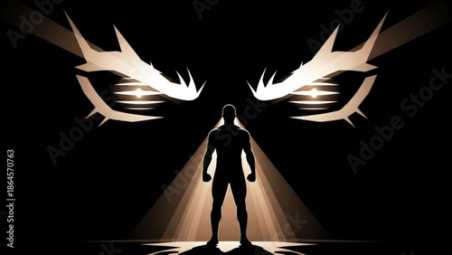 A muscular man stands confidently facing menacing glowing eyes in darkness, exuding power and fear, dramatic spotlight shines with powerful and fearful