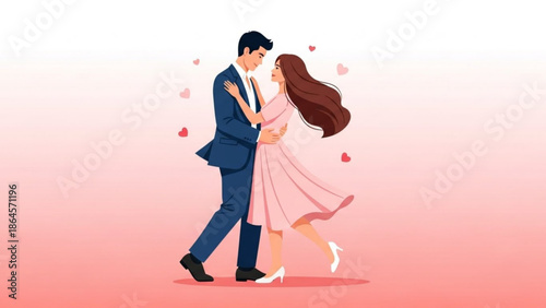A romantic vector illustration of a man and woman dancing together in a loving embrace with hearts surrounding them.