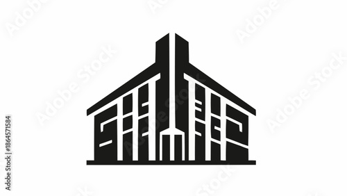 Architectural Building Silhouette with Central Tower and Window Details.