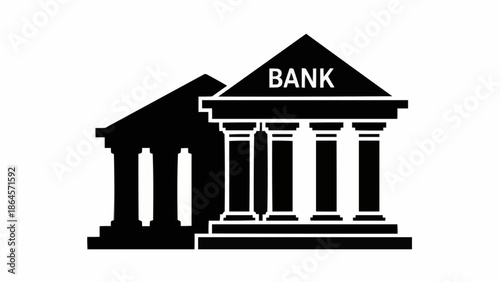 Bank building silhouette with classic architectural design and signage.