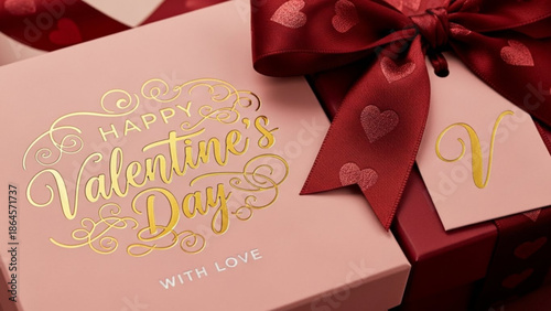 A beautifully wrapped Valentine's Day gift box with a red bow and golden lettering