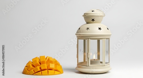 Decorative lantern and sliced mango against a plain white background