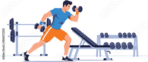 Muscular man in athletic clothing performing an intense dumbbell bicep curl exercise while training actively in a modern gym setting