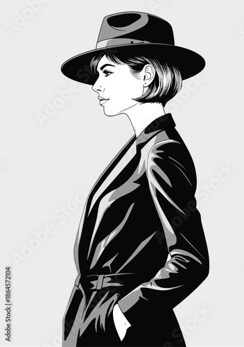 049-23-Elegant woman in a hat and trench coat looking sideways, black and white illustration