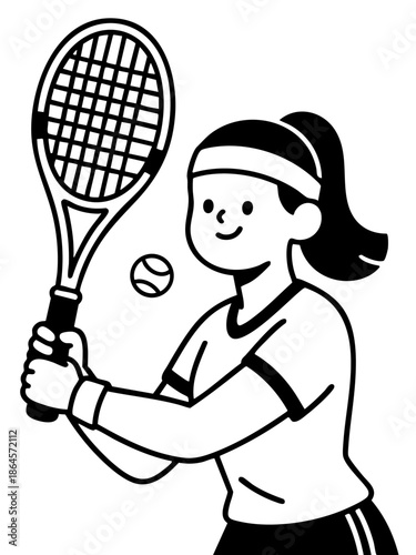 A happy female athlete plays padel, holding a racket ready to hit the ball in this minimalist black and white outline vector illustration