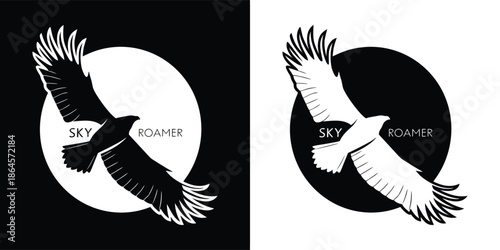 Monochromatic graphic illustration of two mirrored flying eagles, one dark on light and one light on dark, symbolizing freedom and power