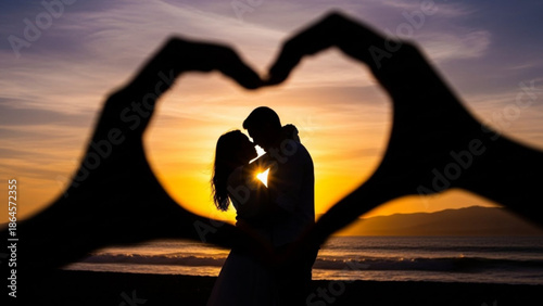 A romantic couple kisses at sunset with hands forming a heart shape