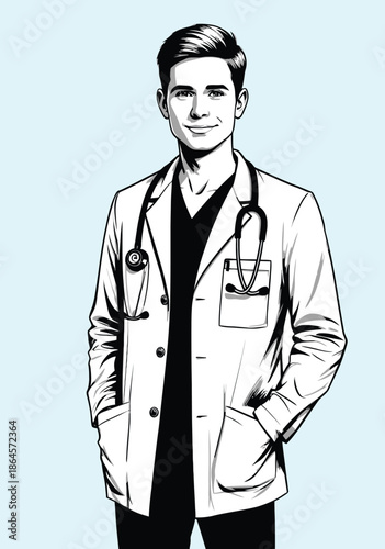 049-27-Smiling young male doctor in a white lab coat with a stethoscope over his shoulders