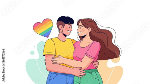 A colorful illustration of a loving couple embracing with a rainbow heart