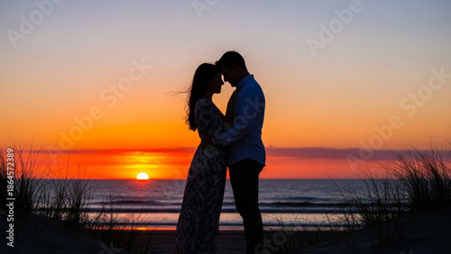 A romantic couple embracing on a serene beach at sunset with vibrant colors in the sky