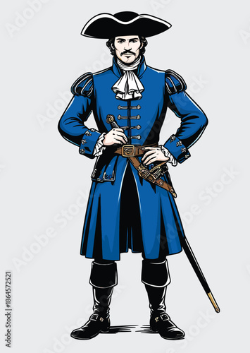 049-30-Full-length illustration of a historical swordsman standing posing with a tricorn hat
