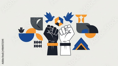 A vector graphic illustration of two fists surrounded by various abstract shapes and symbols in a modern flat design style