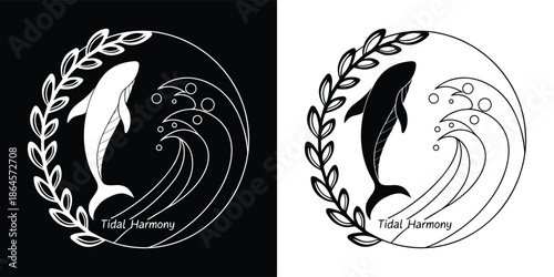 Yin and yang style illustration of a whale, waves, and laurel wreath in a circular design, presented in both black on white and white on black versions