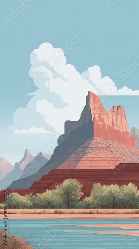 Pixelated Landscape with Orange Rocky Mountain and Blue Sky with Clouds in Retro Style