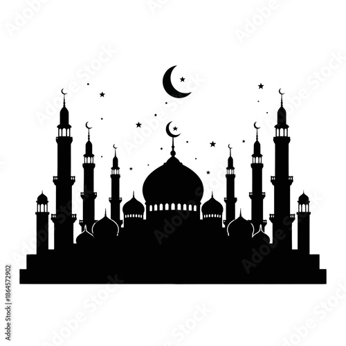Islamic Mosque Silhouette with Crescent Moon and Stars.