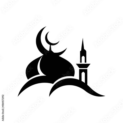 Islamic Mosque Silhouette with Crescent Moon and Minaret.