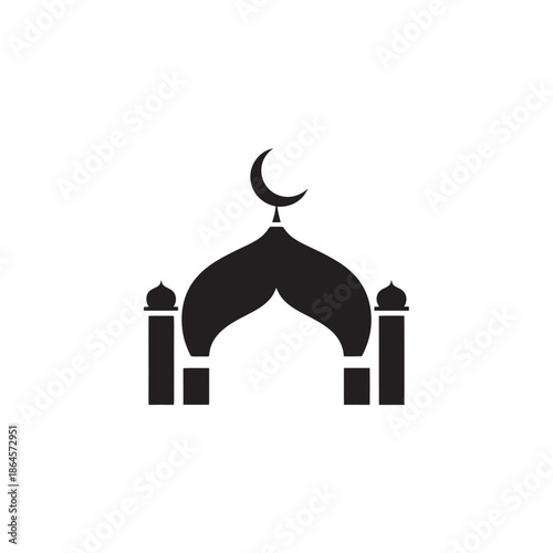 Islamic Mosque Silhouette with Crescent Moon Icon.
