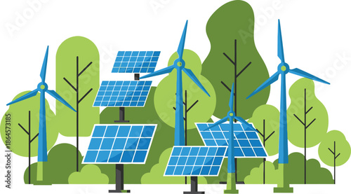Illustration depicting clean renewable energy sources including multiple solar panels and wind turbines operating together within a lush green natural environment