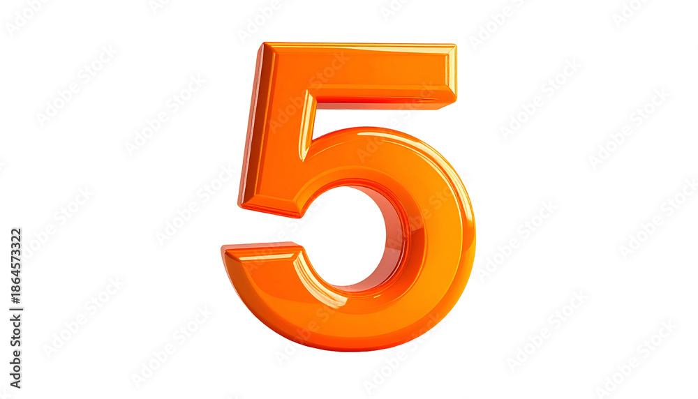Fototapeta premium A 3D render of the number five, with a shiny, orange, glossy texture against a solid black background