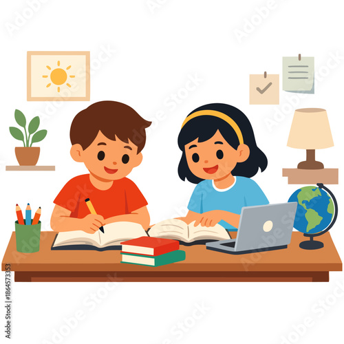 Kids Studying Together at Desk, Children Studying Together at Home Desk Vector Illustration